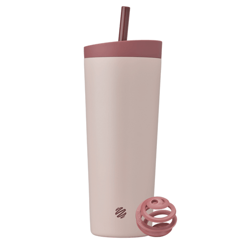 Full view of the BlenderBottle 2-in-1 Shaker Tumbler in tan-pink, featuring a redwood BlenderBall for smooth mixing, and a matching lid and straw. | Color#Sahara Sunset